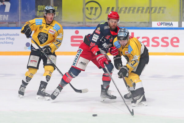 -77- Moritz Raab (Bayreuth Tigers), -88- Daniel Schwamberger (Selber Woelfe) und -73- Tobias Meier (Bayreuth Tigers),, DEL 2 - Selber Wölfe - Bayreuth Tigers, Selb, Netzsch-Arena, 30.10.22