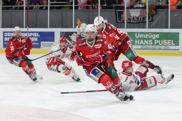 -43- Xaver Tippmann (Eisbären Regensburg), -86- Philip Woltmann (Selber Woelfe) am Boden, DEL 2 - Eisbären Regensburg - Selber Wölfe, Regensburg, Donau-Arena, 19.02.23