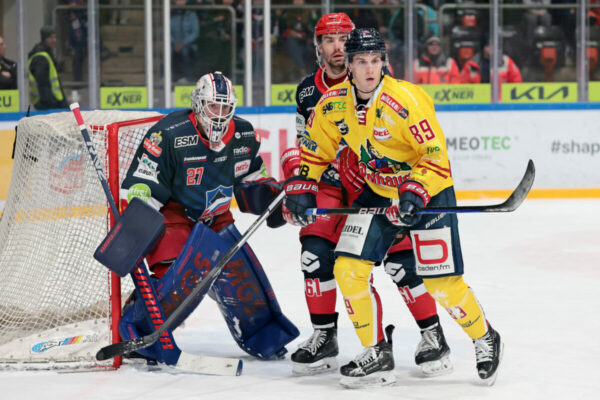 -27- Michel Weidekamp (Goalie Selber Woelfe), -61- Peter Trska (Selber Woelfe), -89- Nick Master (EHC Freiburg), DEL 2 - Selber Wölfe - EHC Freiburg, Selb, Netzsch-Arena, 15.10.23