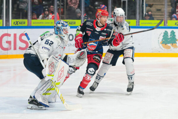 -62- Janick Schwendener (Goalie Dresdner Eislöwen), -63- Chad Bassen (Selber Woelfe), #CODE#, DEL 2 - Selber Wölfe - Dresdner Eislöwen, Selb, Netzsch-Arena, 02.01.24