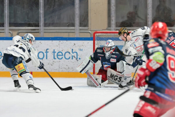 -88- Johan Porsberger (Dresdner Eislöwen), -1- Michael Bitzer (Goalie Selber Woelfe), -92- Tomas Andres (Dresdner Eislöwen), DEL 2 - Selber Wölfe - Dresdner Eislöwen, Selb, Netzsch-Arena, 13.03.24